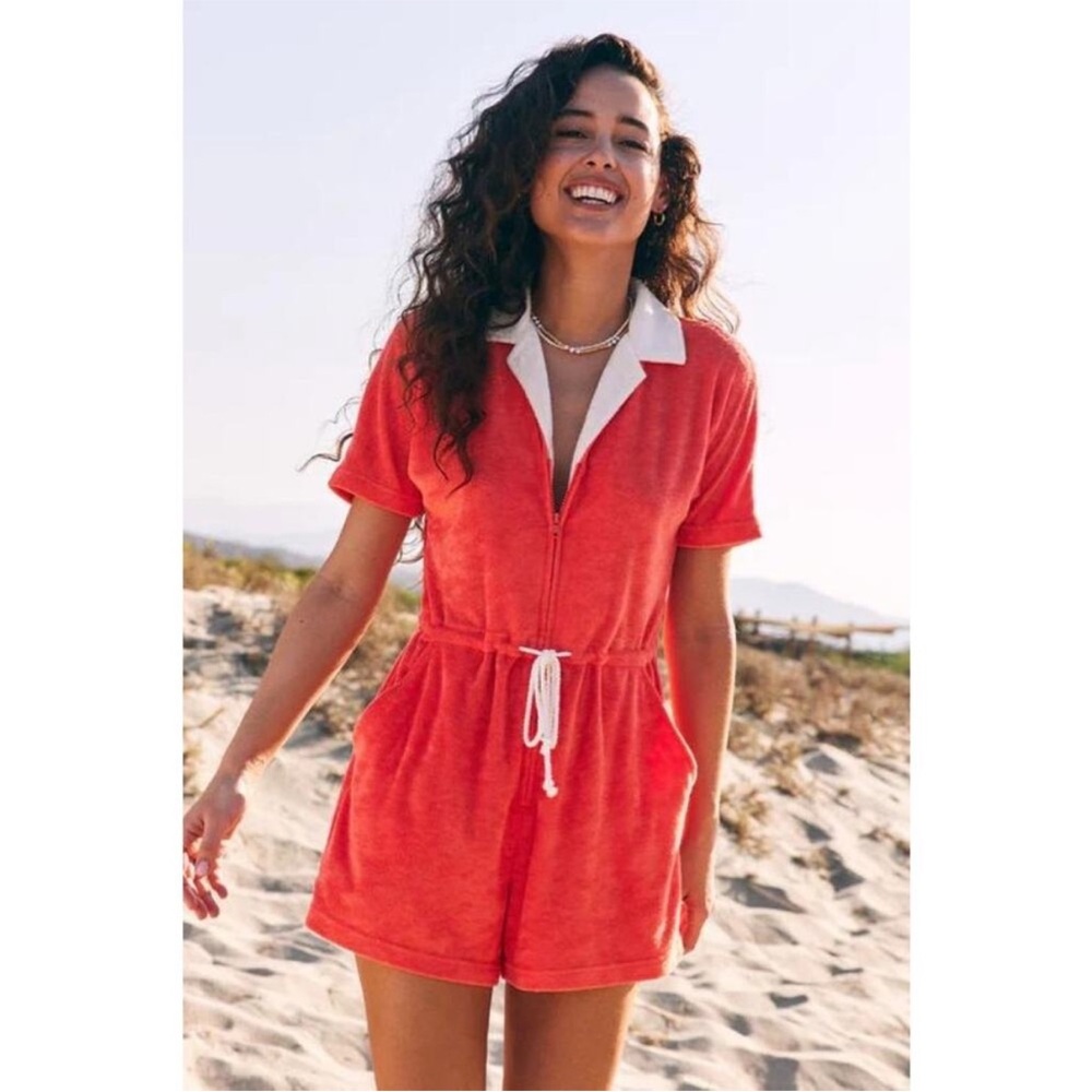 Marine Layer Coral Red Terry Romper with White Collar